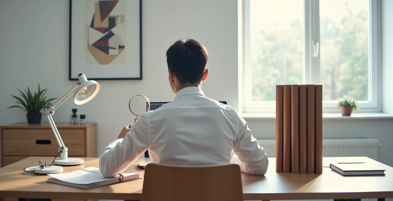 Person prüft Dokumente mit Lupe an einem modernen Arbeitsplatz
