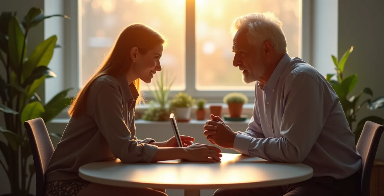 Junger Auszubildender zeigt älterem Kollegen etwas auf einem Tablet in entspannter Büroatmosphäre