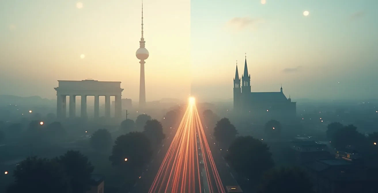 Stadtsilhouetten von Berlin und München mit abstrakten Jobmarkt-Visualisierungen