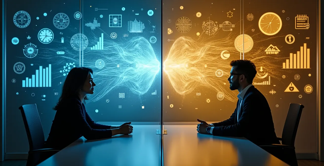 Geschäftsführer und IT-Experte im konstruktiven Dialog mit visuellen Metaphern