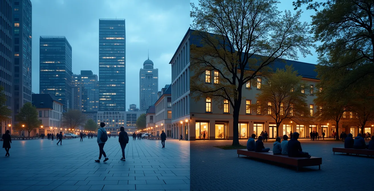 Kontrast zwischen Großstadtleben und Campus-Gemeinschaft