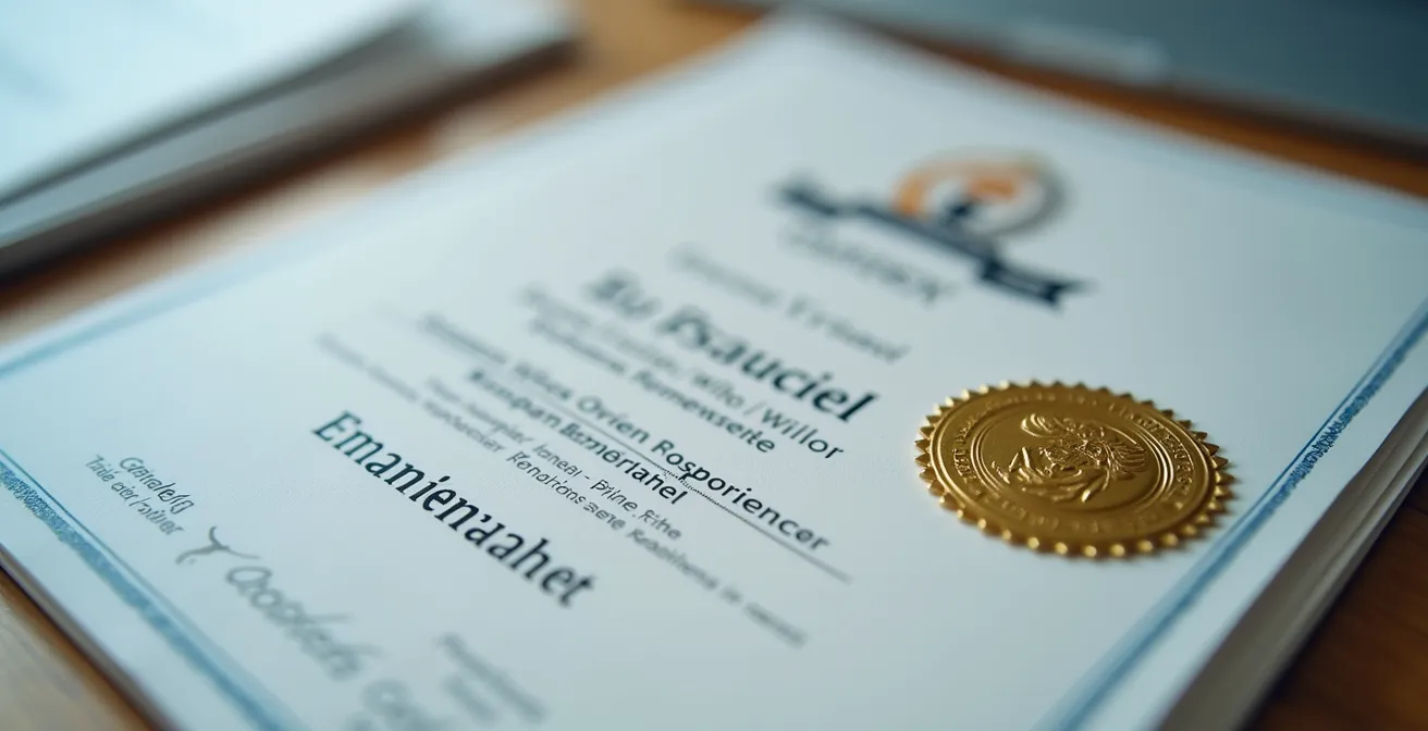 Detailaufnahme von Coaching-Zertifikaten und Qualitätsmerkmalen auf einem Schreibtisch