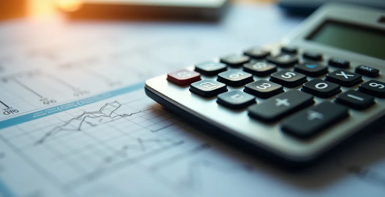 Visualisierung der Analyse des Marketing-ROI aus Geschäftsberichten mit einem Taschenrechner und abstrakten Diagrammen.