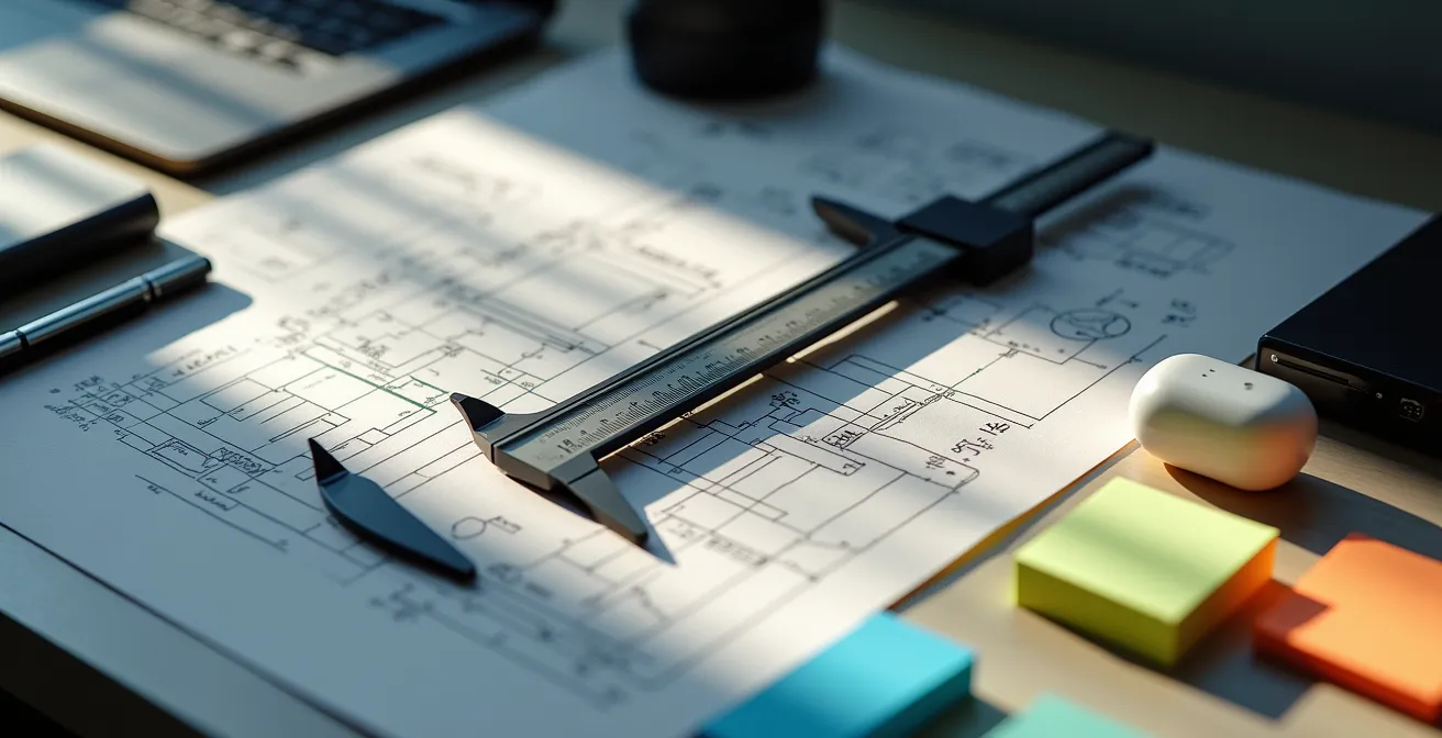 Nahaufnahme eines Schreibtischs mit deutschem Ingenieursdiplom neben Silicon Valley Tech-Gadgets