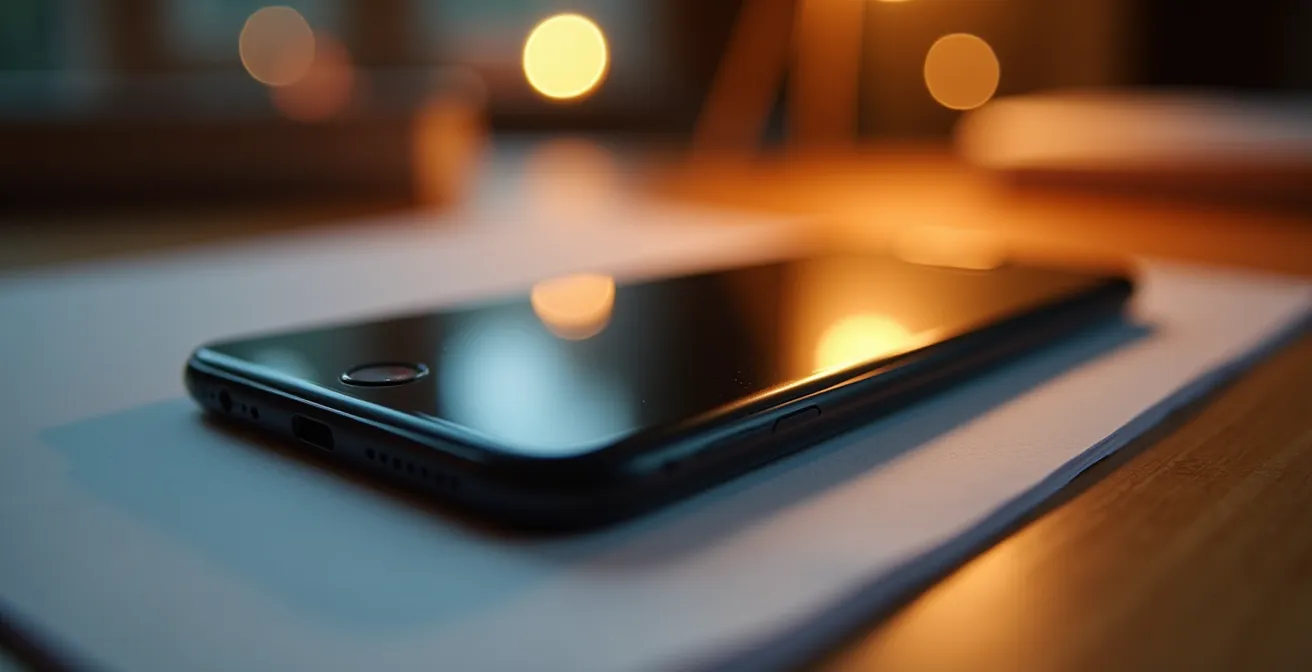 Verschwommenes Smartphone im Vordergrund, eine fokussierte Person mit einem Buch im Hintergrund, was die Wahl zwischen Ablenkung und Konzentration symbolisiert.