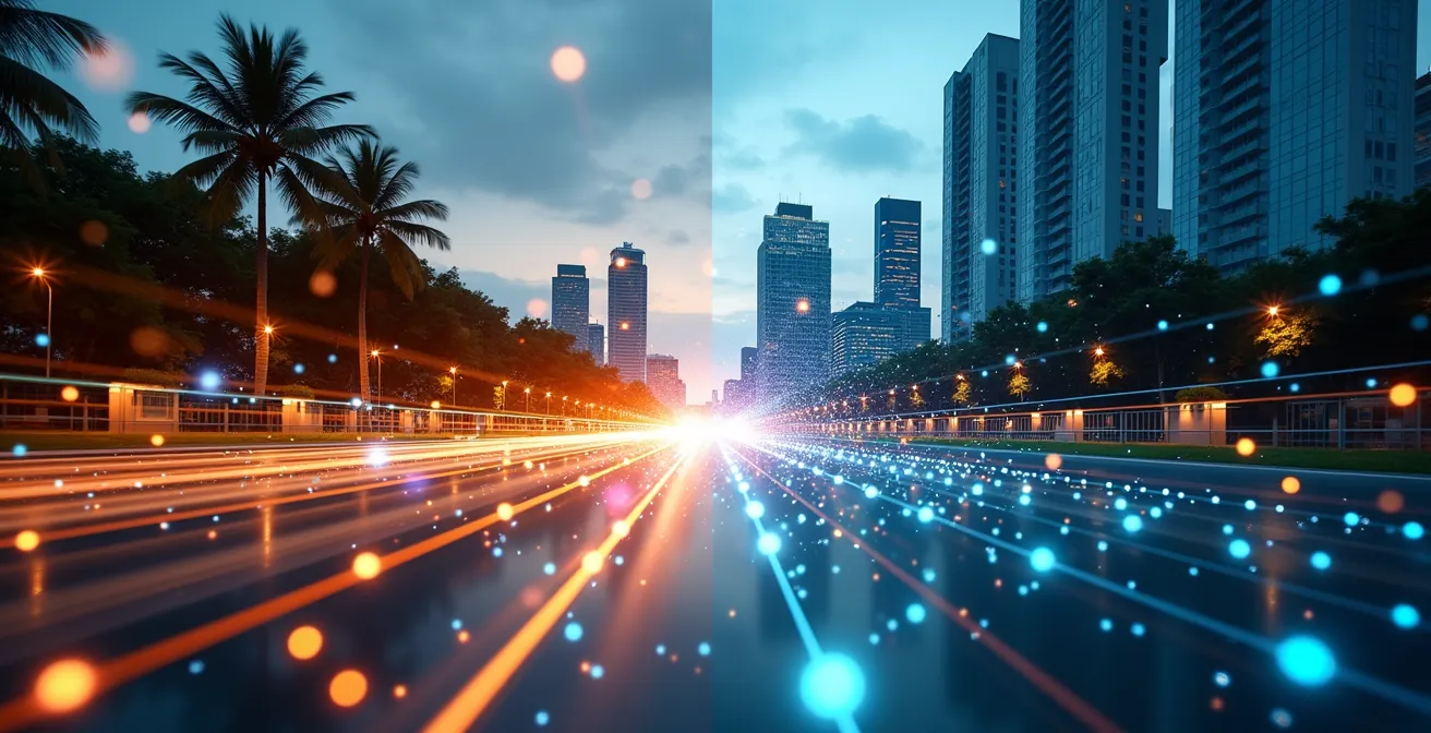 Digitales Netzwerk zwischen Expatriate im Ausland und deutscher Unternehmenszentrale