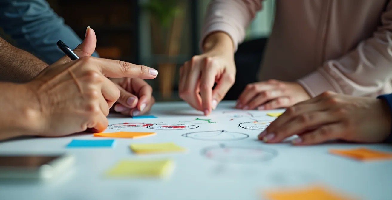 Diverses Team bei kreativer Zusammenarbeit im modernen Arbeitsraum