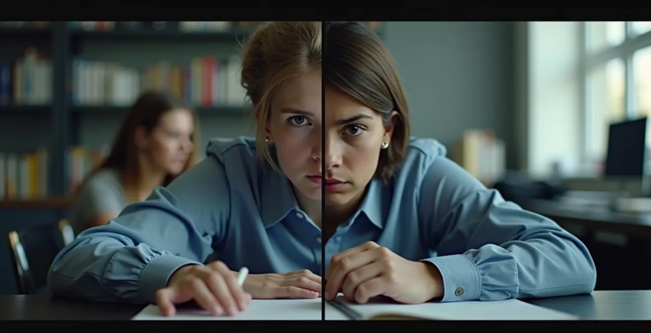 Dualer Student arbeitet konzentriert zwischen Büro und Hörsaal