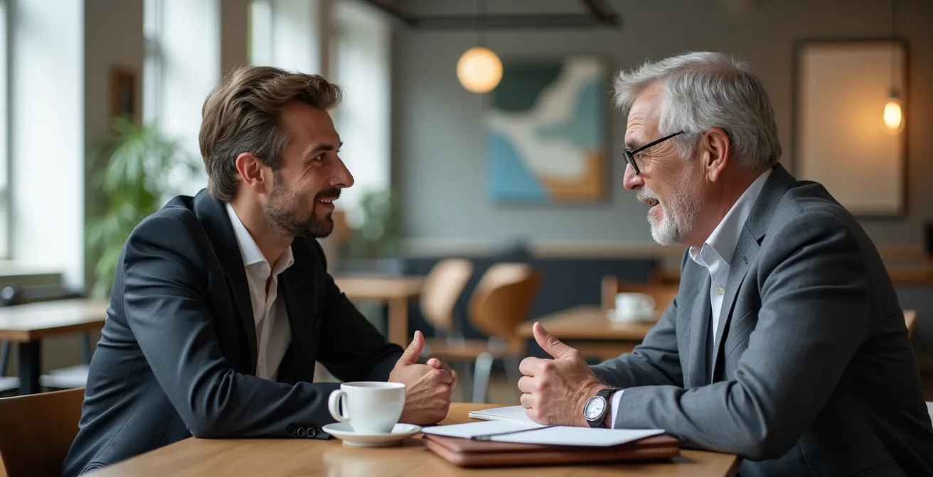 Zwei Professionals bei strategischem Kaffeegespräch in modernem Büro