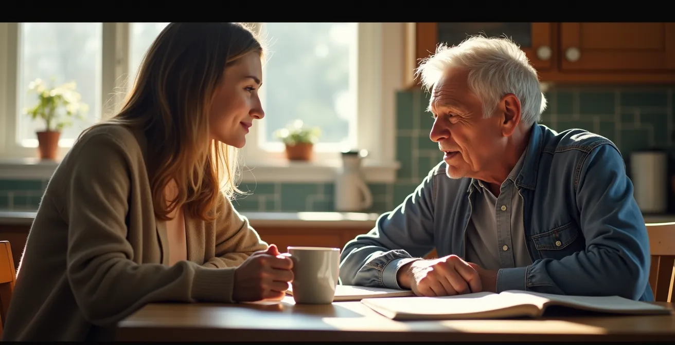 Zwei Generationen im konstruktiven Gespräch am Küchentisch mit Kaffeetassen