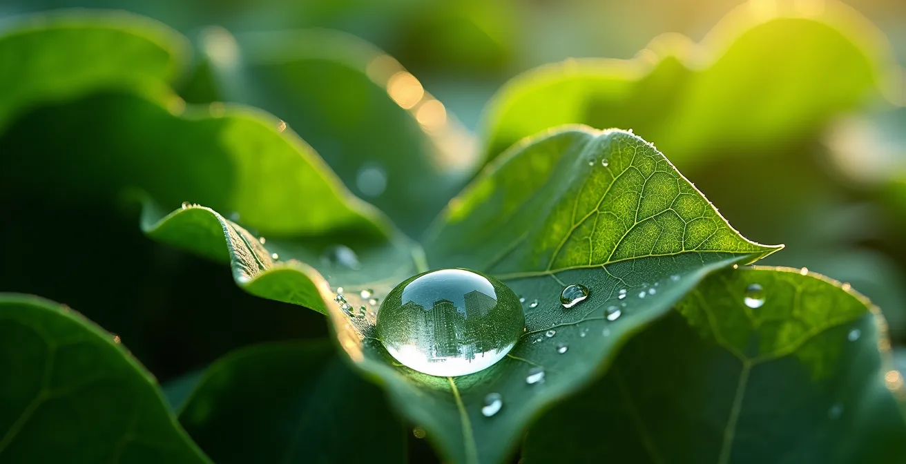 Makroaufnahme von grünen Blättern mit sichtbaren Wassertropfen und natürlichen Texturen