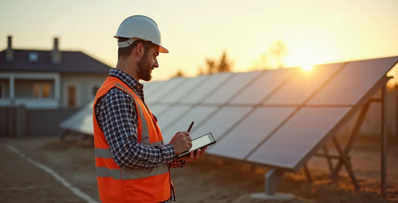 Handwerker mit digitalem Tablet auf einer Baustelle mit Solarpanelen