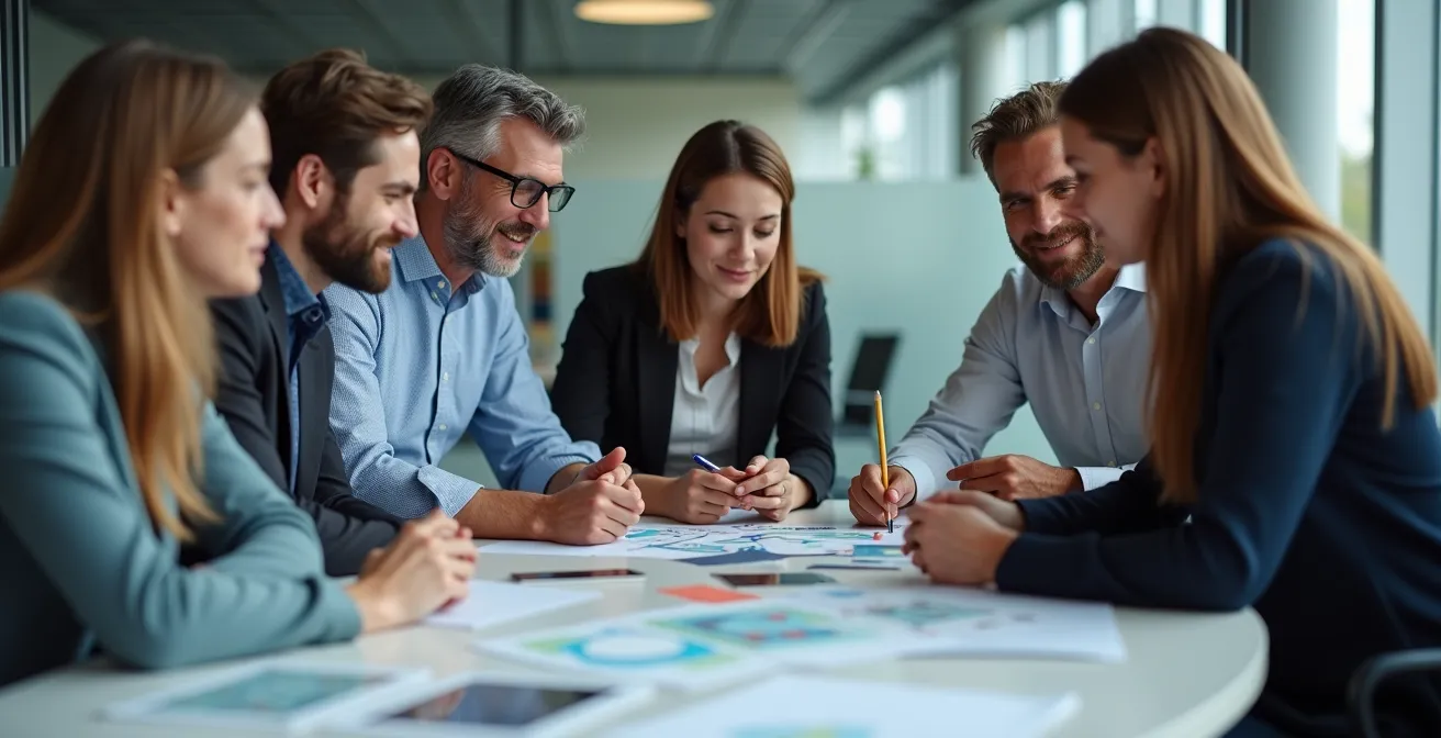 Diverse Fachkräfte verschiedener Generationen arbeiten gemeinsam an innovativen Projekten