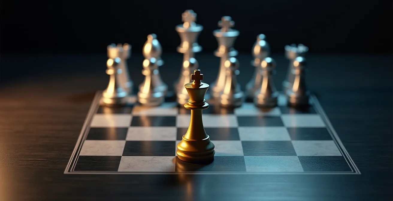 Eine einzelne goldene Schachfigur steht im Fokus, während andere Figuren des Teams im Hintergrund unscharf sind, was den individuellen Beitrag im Teamkontext symbolisiert.