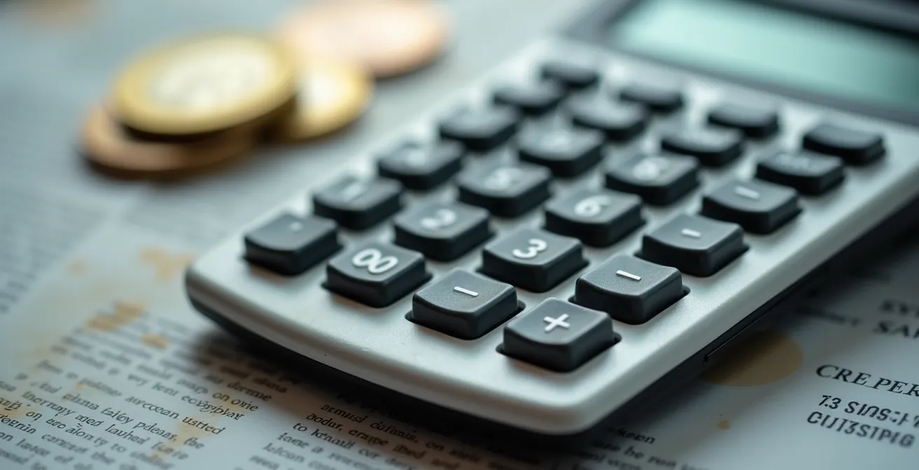 Makroaufnahme von Steuerformularen mit Münzen und Taschenrechner