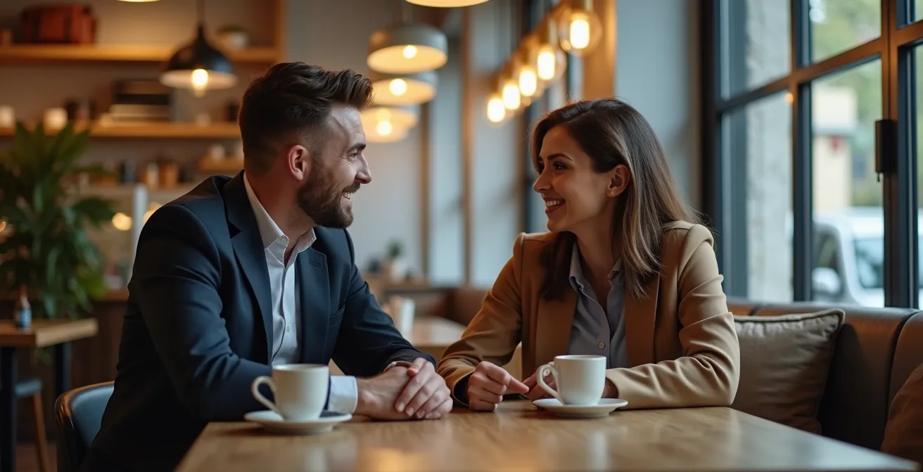 Zwei Personen in vertrautem Gespräch in ruhiger Café-Ecke beim professionellen Austausch