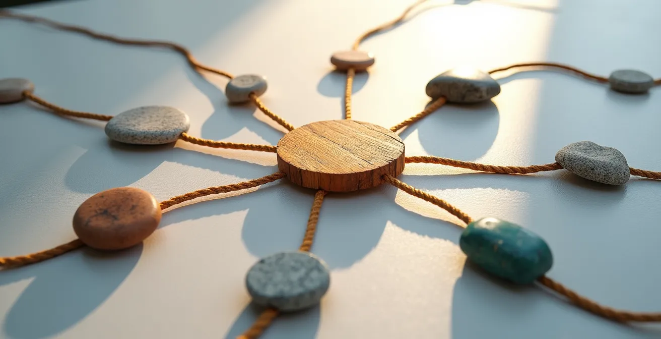 Symbolische Darstellung eines Karrierewegs, bei dem verschiedene Pfade aus unterschiedlichen Materialien zu einem kohärenten Ganzen zusammenlaufen.