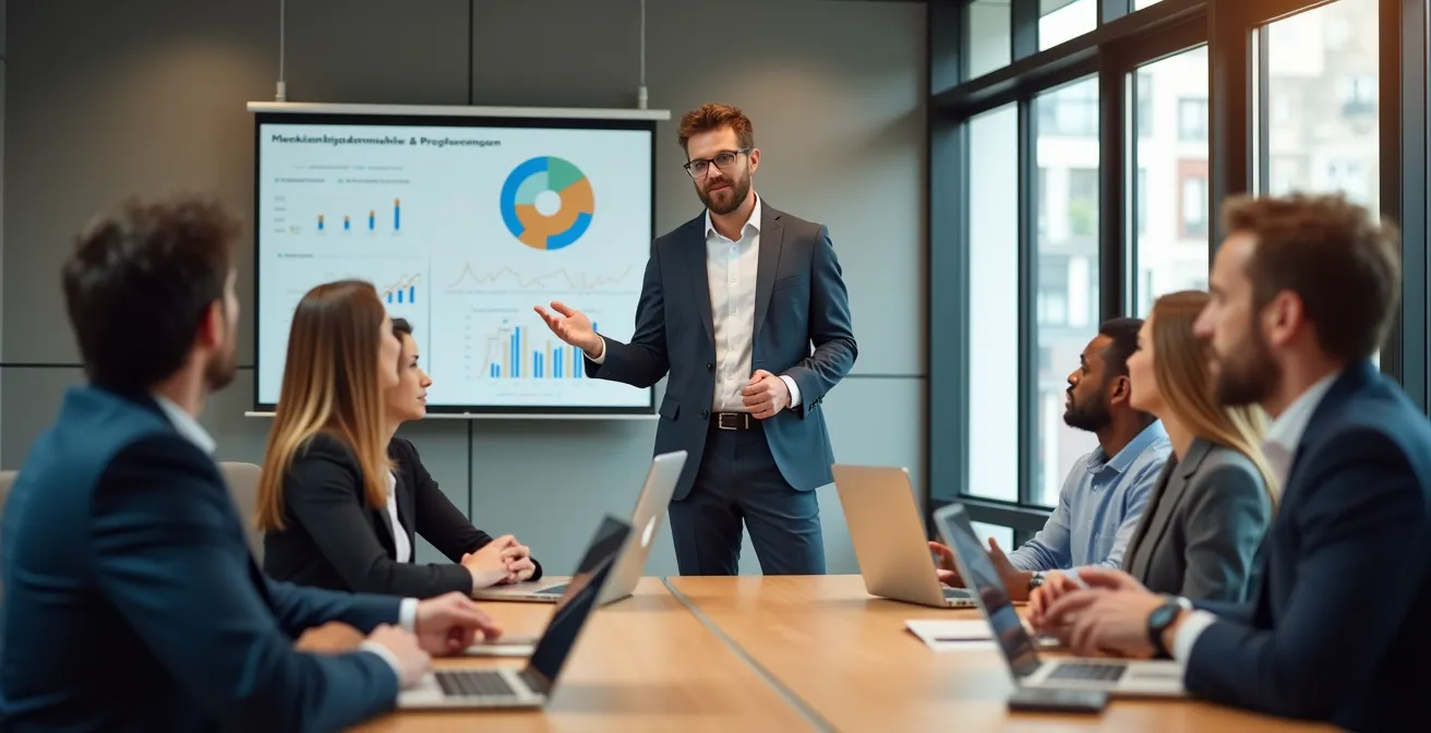 Professionelle Präsentation von Finanzdaten vor Vorstand in modernem Konferenzraum