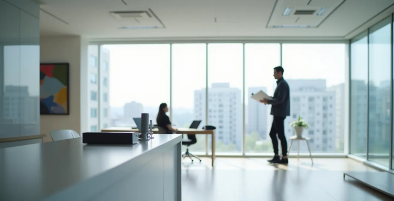 Minimalistisches deutsches Büro, eine Person arbeitet am Stehpult, der Fokus liegt auf der professionellen Umgebung.