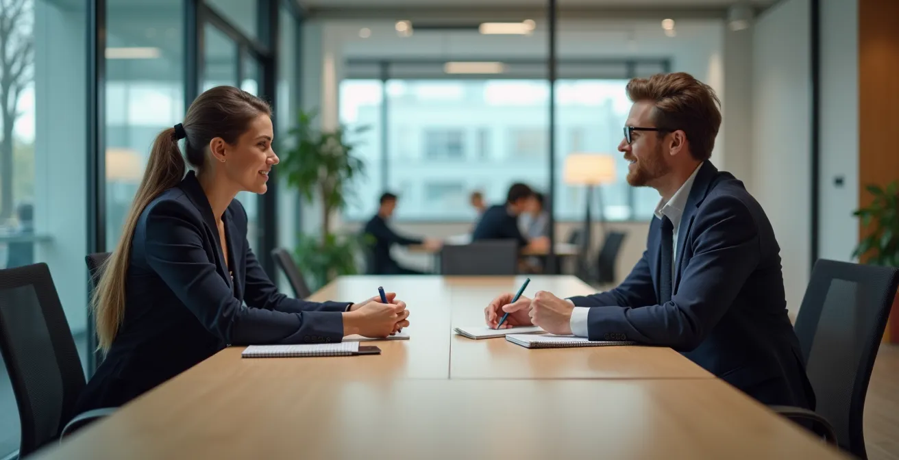 Zwei Kollegen im respektvollen Feedback-Gespräch in einem modernen deutschen Büro