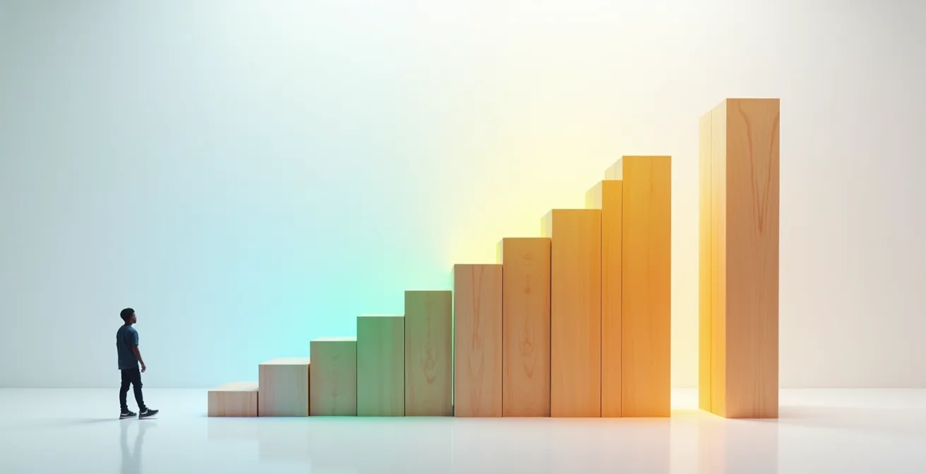 Abstrakte Darstellung von Wissensbausteinen, die sich zu einer Treppe formen und einen Karriereweg symbolisieren.