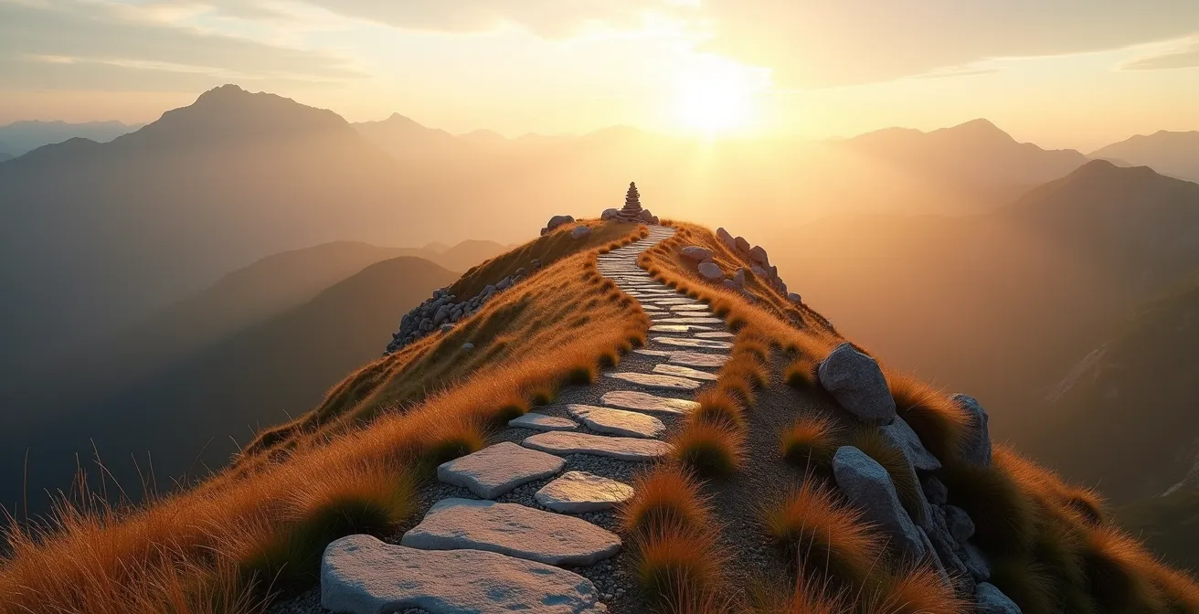 Abstrakte Darstellung eines aufsteigenden Pfades mit Leuchtpunkten, die Meilensteine auf dem Weg des Fernstudiums symbolisieren.