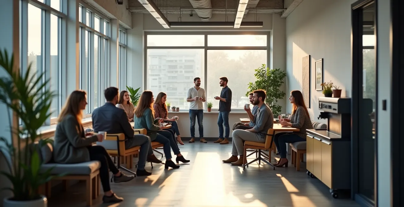 Internationales Team in entspannter Pausenraumatmosphäre