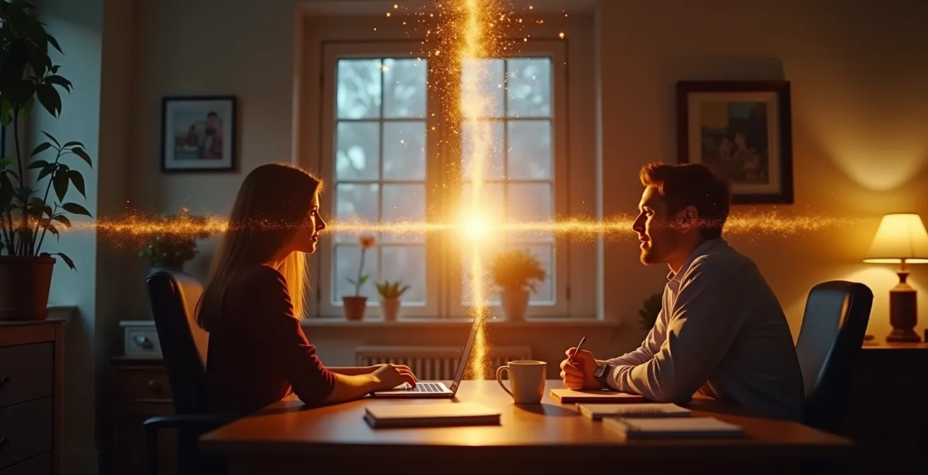 Zwei Personen in getrennten Räumen, die durch ein abstraktes Lichtnetzwerk als Symbol für eine virtuelle Lernpartnerschaft verbunden sind.