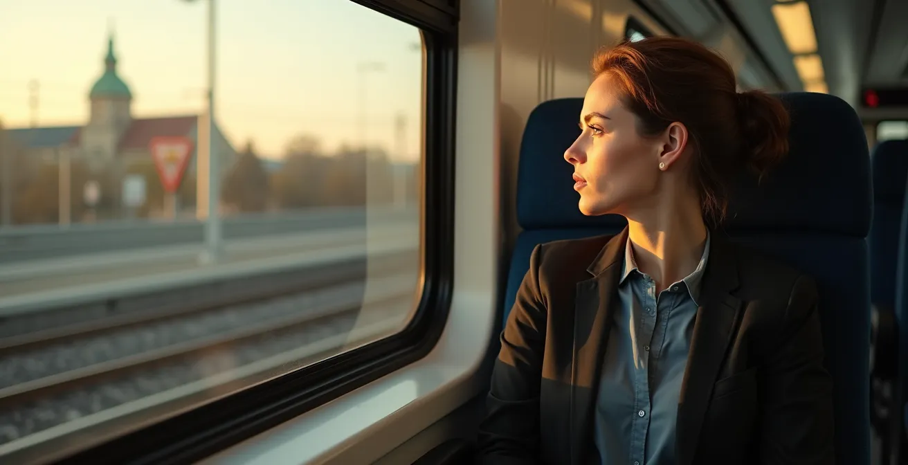 Ein Pendler blickt nachdenklich aus einem S-Bahn-Fenster während der Fahrt.