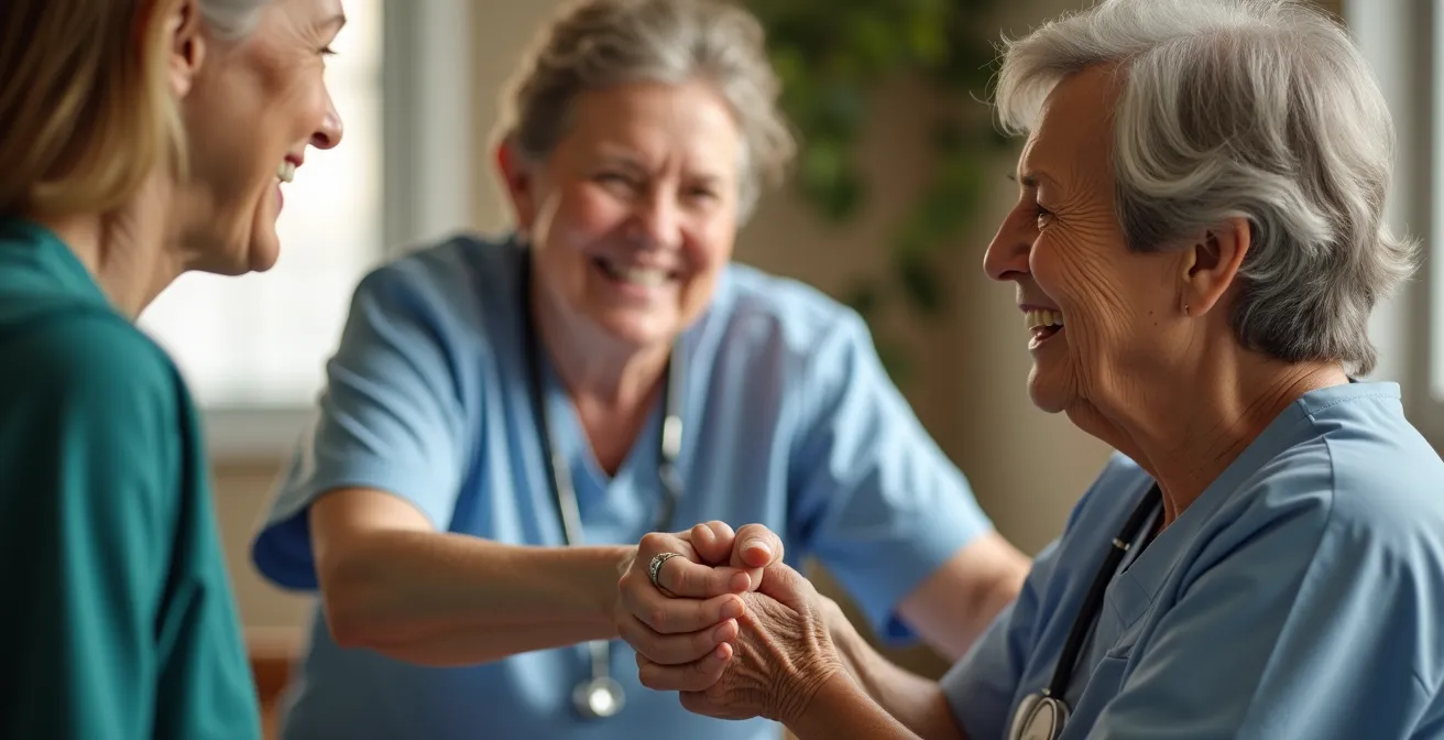 Pflegekraft in empathischer Interaktion mit älterem Patienten