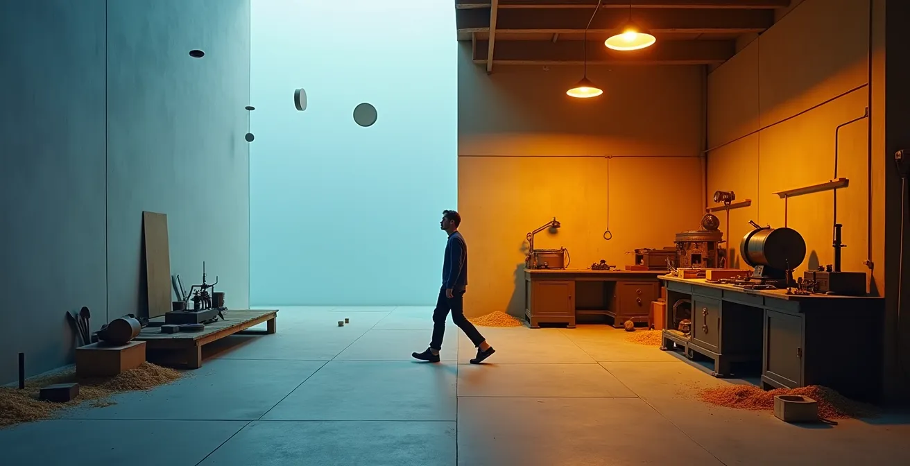 Eine Person, die symbolisch von einem abstrakten, theoretischen Raum in eine praktische Werkstatt des Mittelstands tritt.