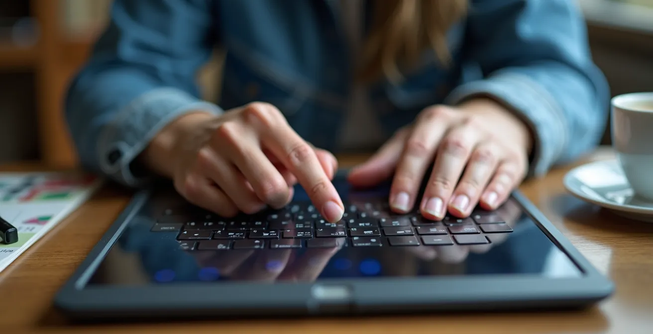 Eine Person in geschäftlicher Kleidung verfasst einen durchdachten Kommentar auf einem Tablet in einem modernen Büro.