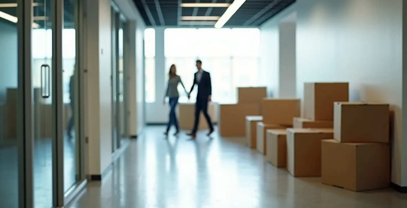 Moderne Bürolandschaft im Umbau mit Menschen in Bewegung zwischen Abteilungen