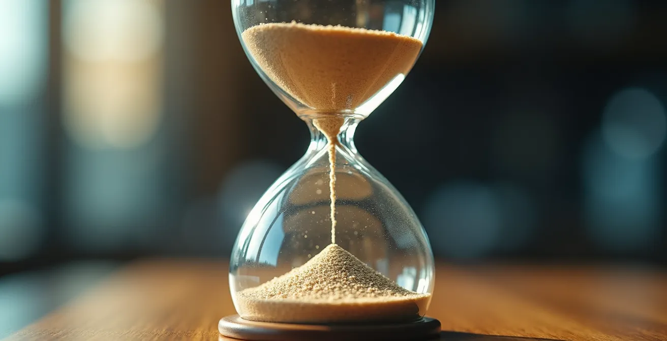 Makroaufnahme einer Sanduhr mit fallendem Sand vor unscharfem Büro-Hintergrund