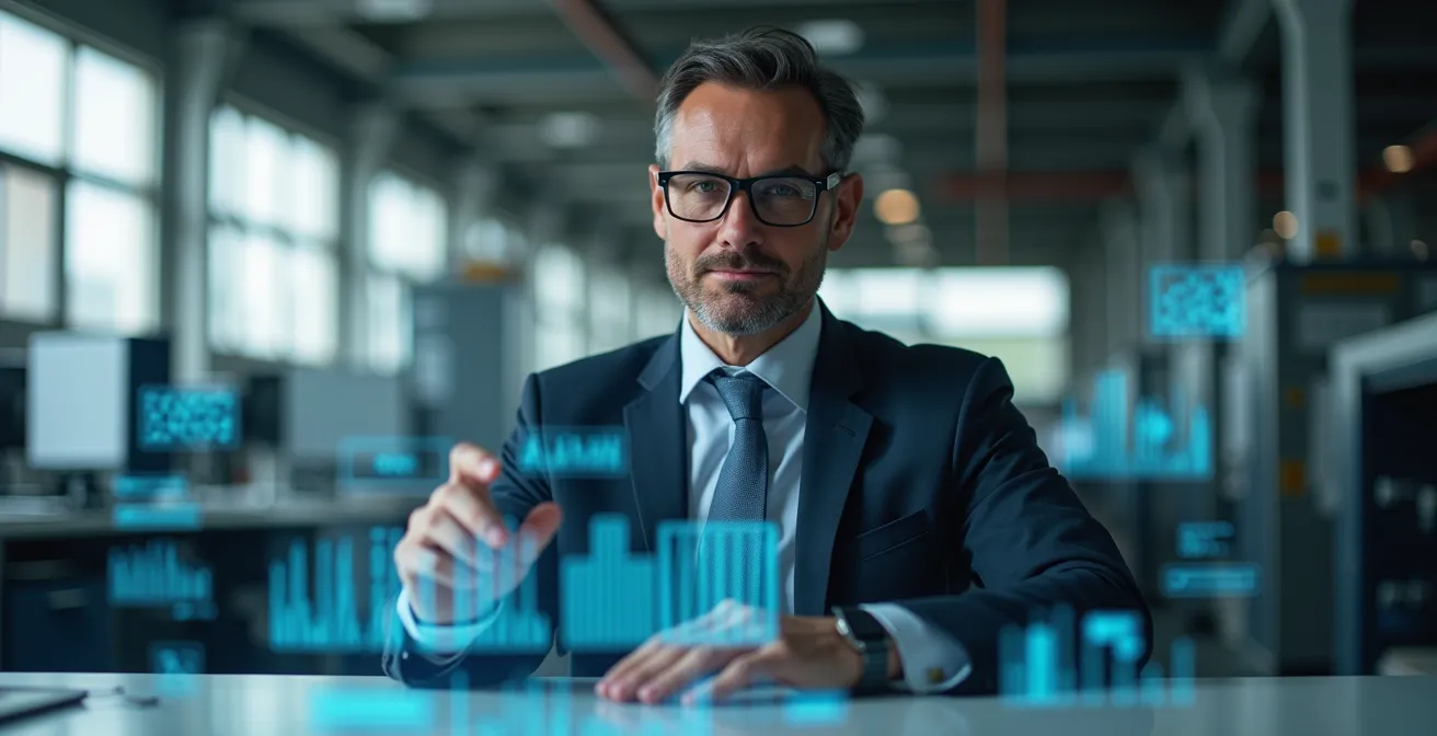 SAP-Berater als Wertschöpfungsexperte in der deutschen Industrie, der mit abstrakten Datenprojektionen arbeitet.