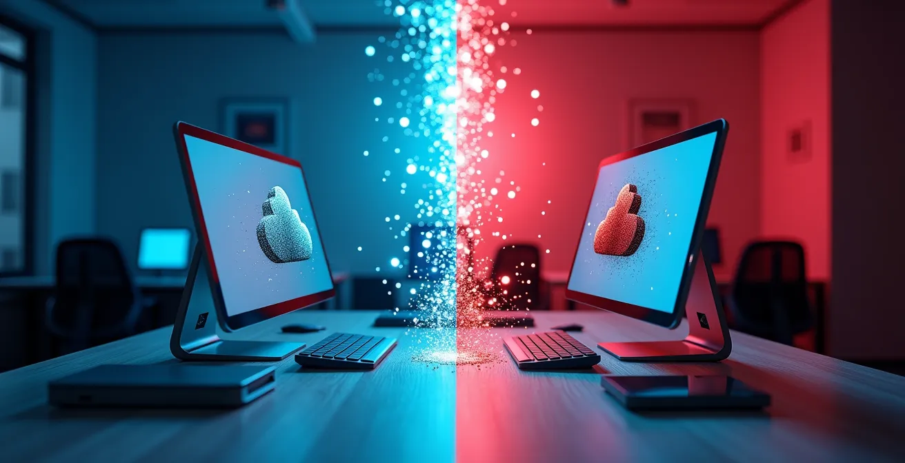 Geteilter Arbeitsplatz zeigt Kontrast zwischen genehmigter und nicht genehmigter Software