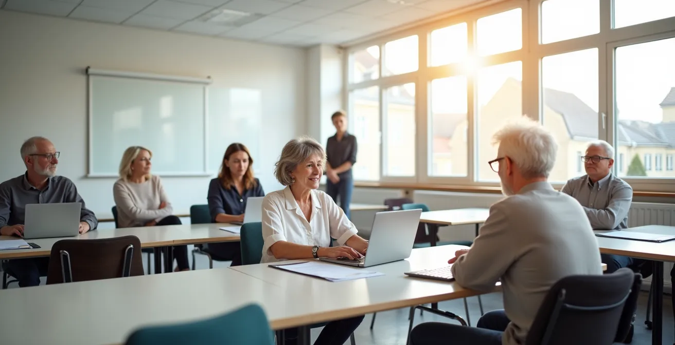 Gruppe älterer Lernender in hellem VHS-Schulungsraum mit Laptops und Tablets