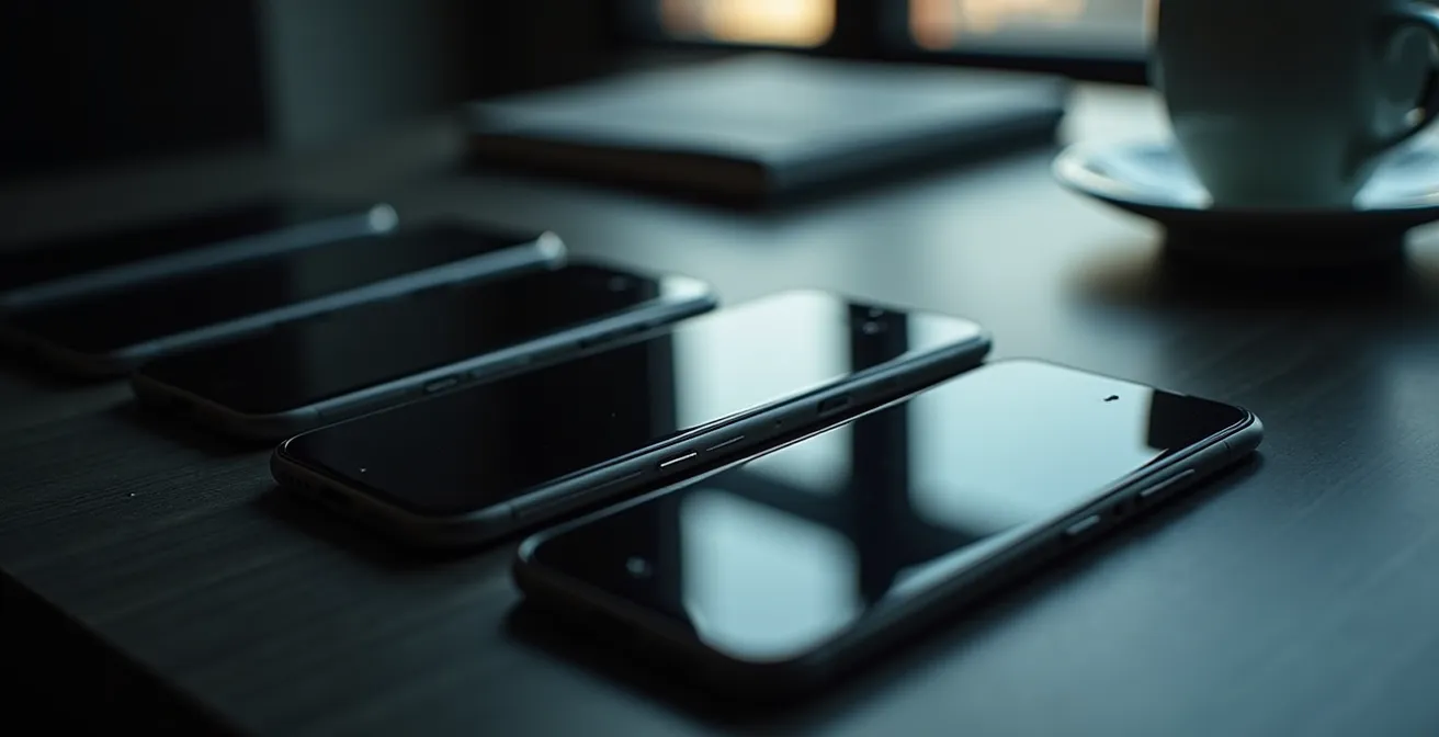 Nahaufnahme von Smartphone-Rückseiten auf einem Bürotisch mit verschwommenen Reflexionen