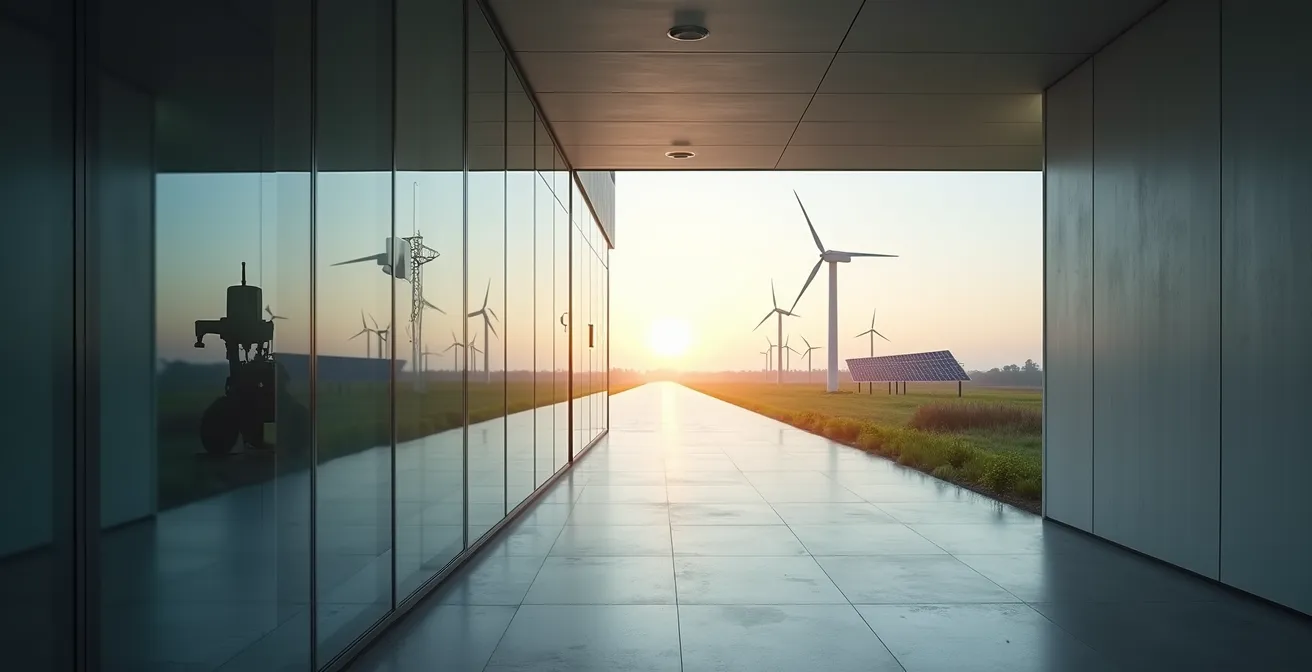 Ein minimalistischer Korridor, der sich in zwei Pfade teilt: einen dunklen mit alter Technologie und einen hellen mit Symbolen für neue Energien.