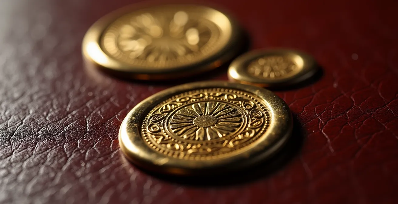 Drei goldene Siegelstempel auf elegantem Mahagoni-Schreibtisch