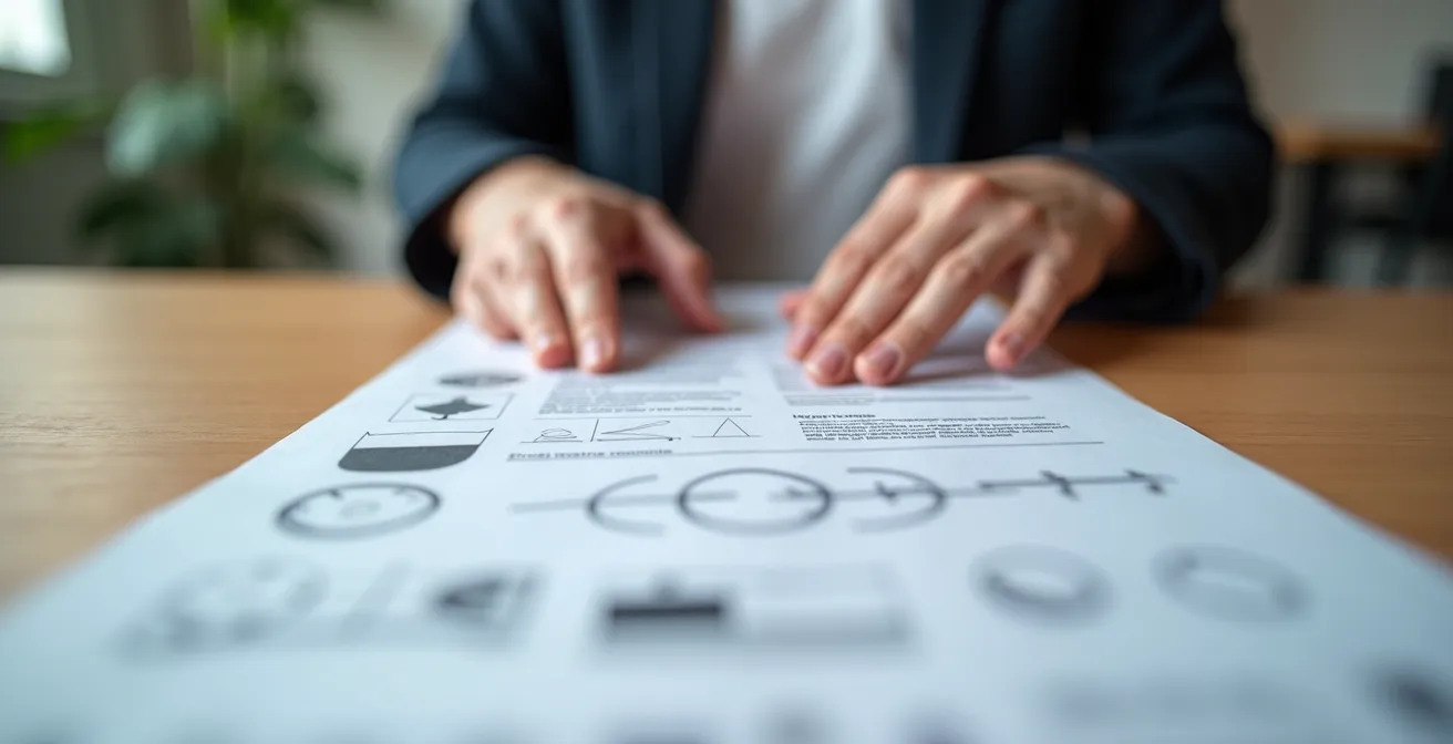 Detaillierter Übergabeplan auf einem Schreibtisch mit Händen, die darauf zeigen