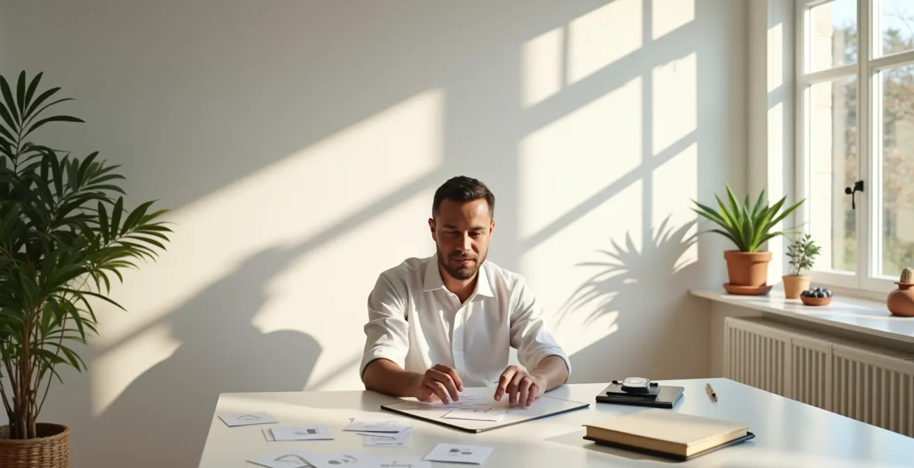 Eine Person sitzt an einem aufgeräumten Schreibtisch und übt eine Interviewsituation, umgeben von strukturierten Notizen.