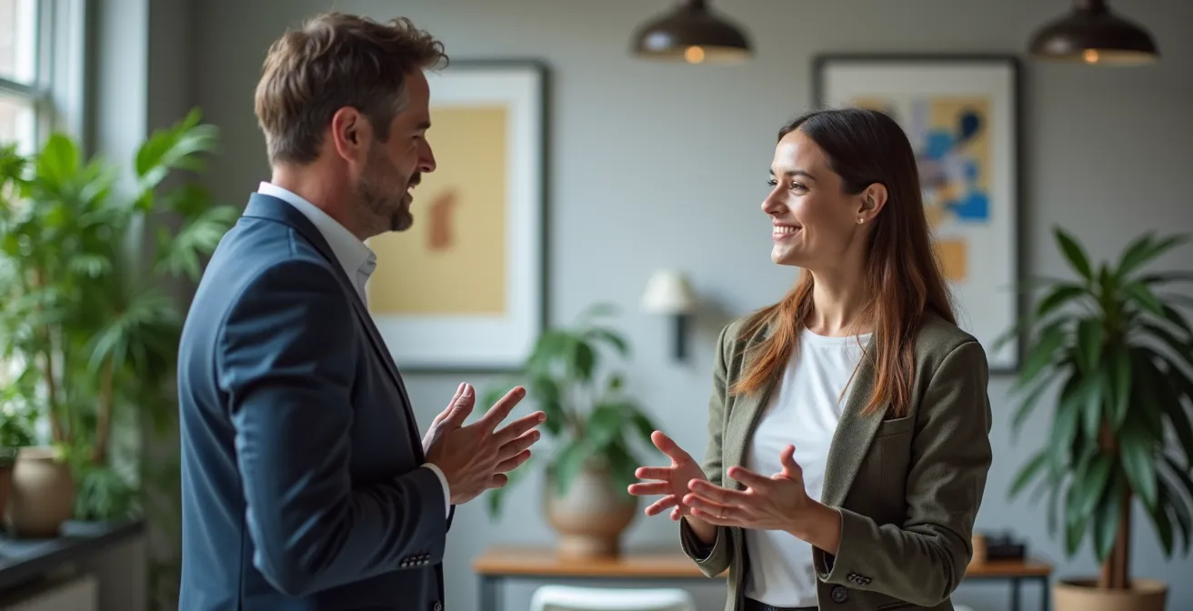 Zwei Kollegen führen im modernen Büroumfeld ein authentisches Gespräch und demonstrieren gelebte Unternehmenswerte.