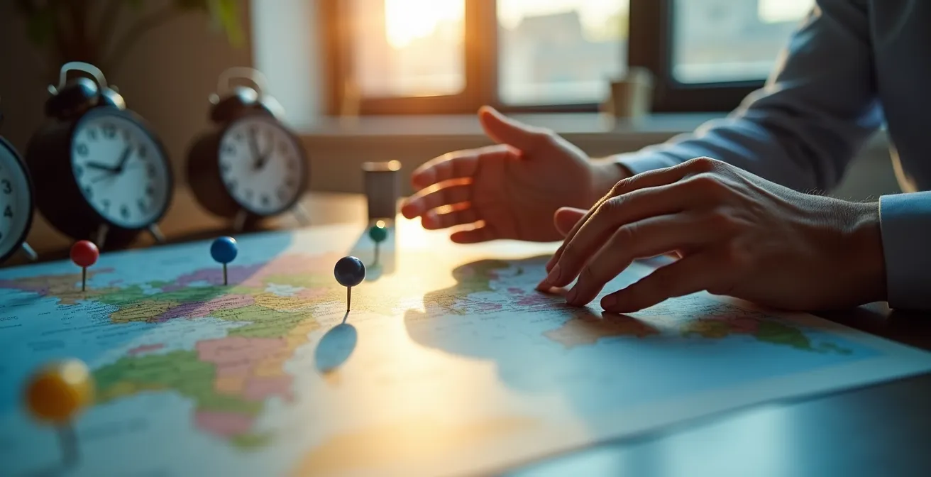 Virtuelles Team-Dashboard mit Weltzeituhr und Kollaborationstools