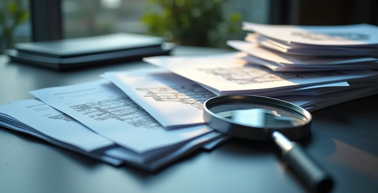 Visuelle Warnsignale im Geschäftsbericht für geplanten Stellenabbau, dargestellt durch eine absteigende Kaskade von Finanzdokumenten und einer Lupe.