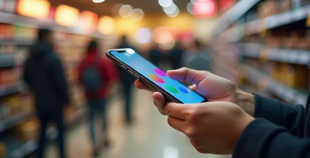 Nahaufnahme einer Hand mit Smartphone, die eine Lern-App mit verschwommenen Karteikarten zeigt Nahaufnahme einer Hand mit Smartphone, die eine Lern-App mit verschwommenen Karteikarten zeigt